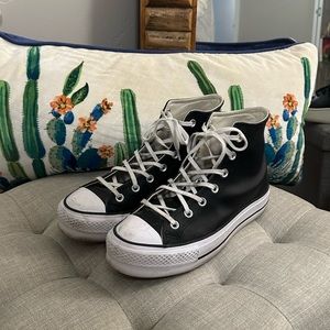 Converse Black Leather Platform High Top Shoes, Size US 9